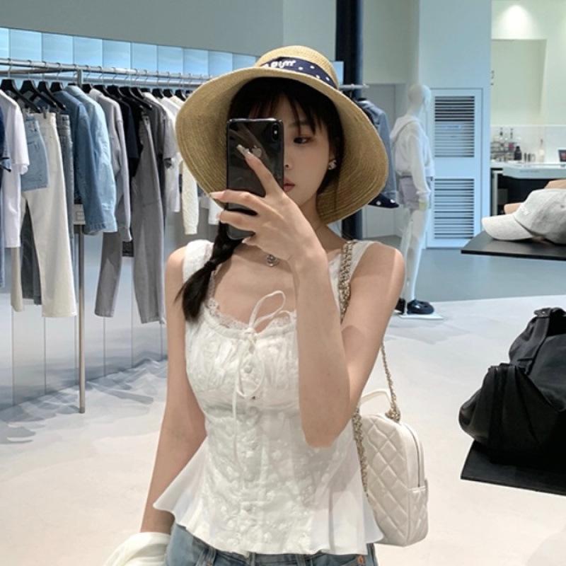 Pure little white flowers, lace waist sleeveless top, thin lace, pure desire for sweet girls, vest women