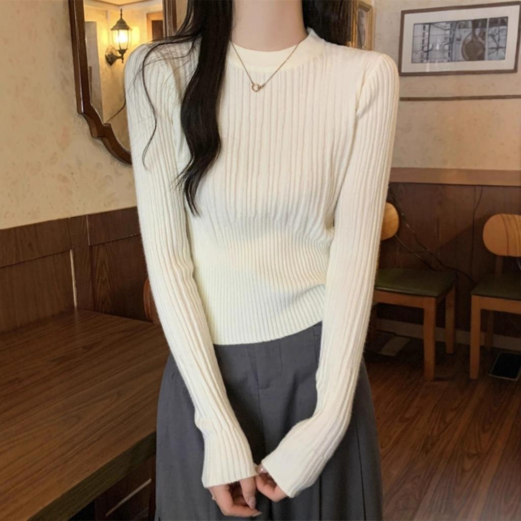 Crew neck waist with cashmere knitted sweater women's autumn women's slim-fit short pullover bottoming shirt top