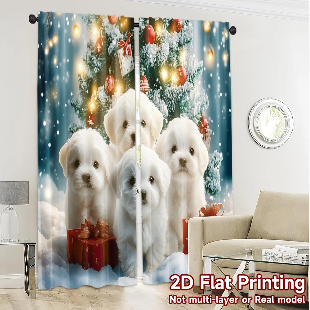2pcs,Curtains Christmas Tree Cute Puppies Gift Print Modern Curtains Polyester Easy Install Curtains Art Deco Festive Ldeal for