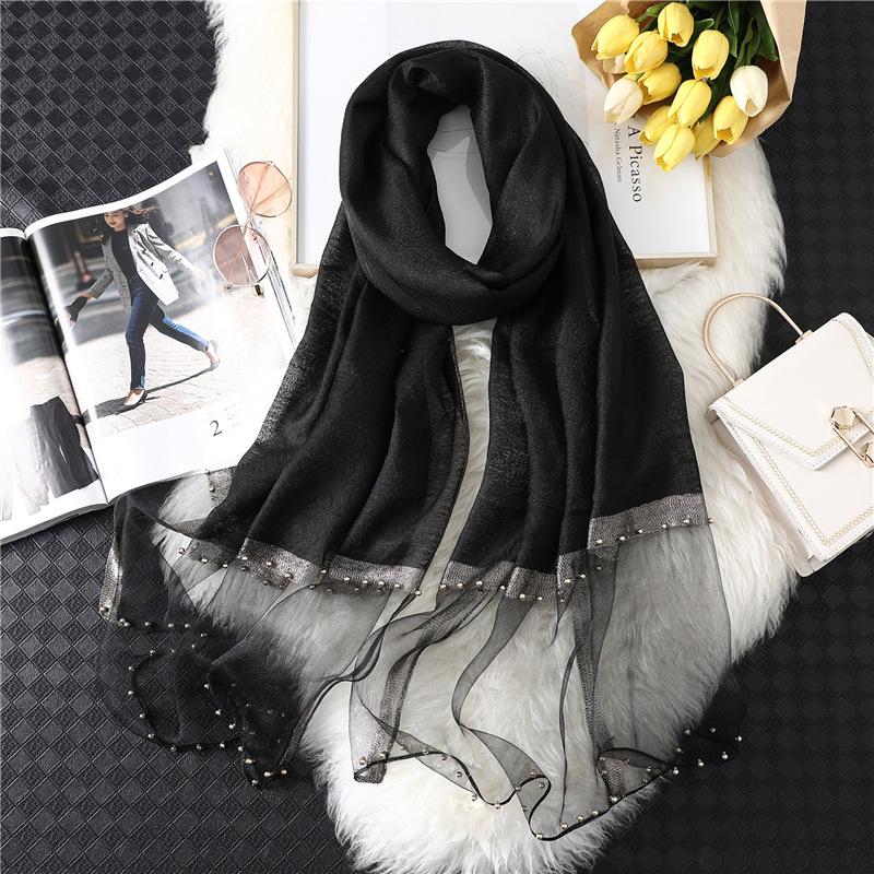 Fashion New Women Silk Cotton Blend Scarf Shawl Plain Soft Wild Beaded Turban Match Luxury Ladies Travel Sun Protection Scarves