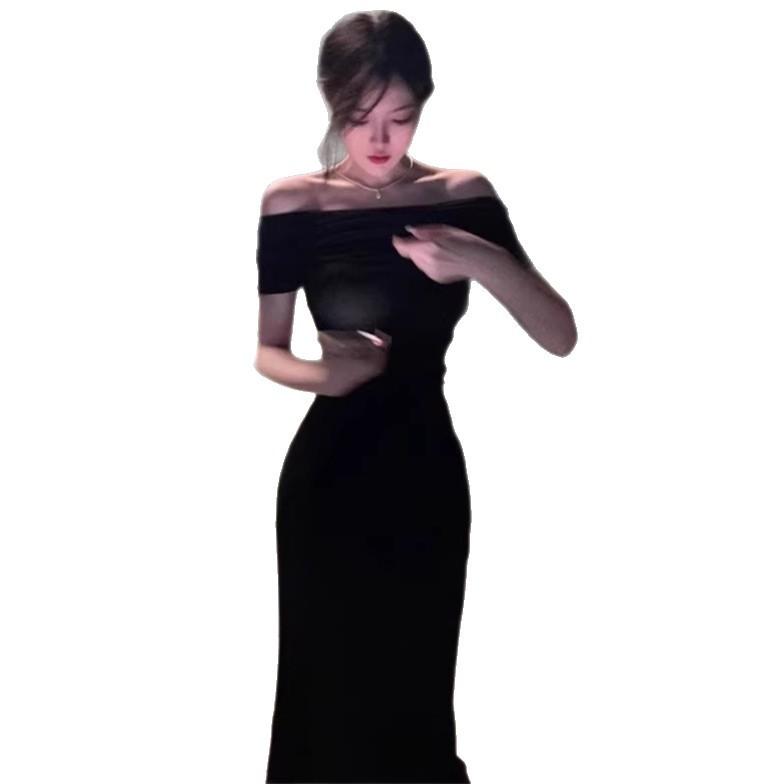 French Royal Sister Style Black One-word Shoulder Dress Women's Summer New Style, Slim and Thin Hip-wrapped Dress
