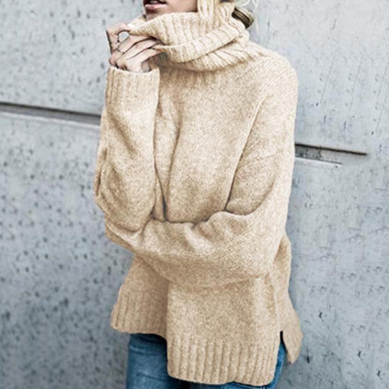 Dámský evropský a americký pletený svetr na podzim/zimu 2024 - Ležérní dlouhý rukáv, Vysoký krk, Jednobarevný