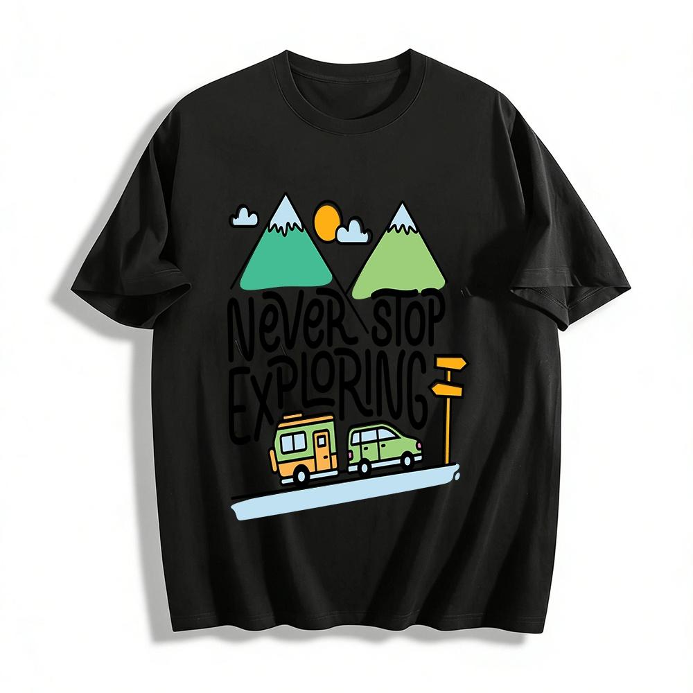 Never Stop Exploring Outdoor Camping Themed Graphic Tee Pure cotton T-shirt XXS