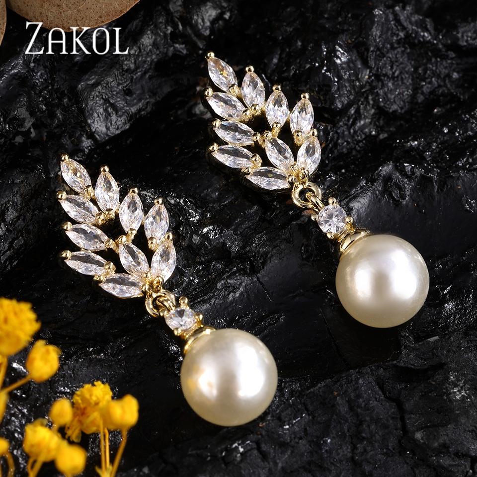ZAKOL Fashion Simple Micropaved Zircon Imitation Pearl Women's Dangle Earrings Temperament Wedding Dinner Jewelry Accessories