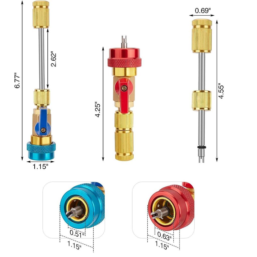 R134A R12 Valve Core Quick Remover Installer, Air Conditioning Adjustable High Pressure (Red) and Low Pressure (Blue) Valve Core Tool, 2 Pack