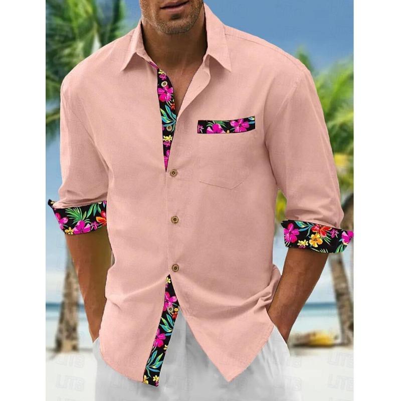 Men's linen shirt button beach shirt long sleeve floral lapel spring and autumn casual daily clothing clothing stitching