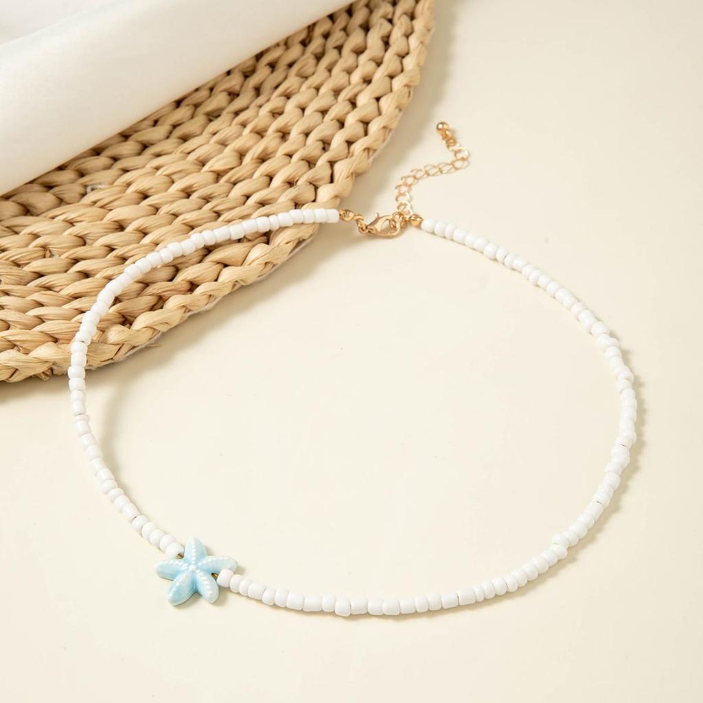 Sommer Neue Blaue Strandstil Keramik Seestern Reisperlen Halskette Damen Schmuck, Sommerliche Frische Dopamin Stil Halskette