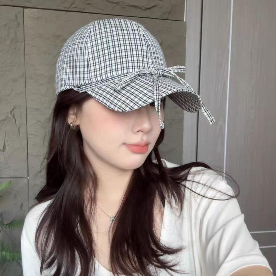 Niche design casual plaid bow baseball hat versatile big head circumference showing face small sunshade cap