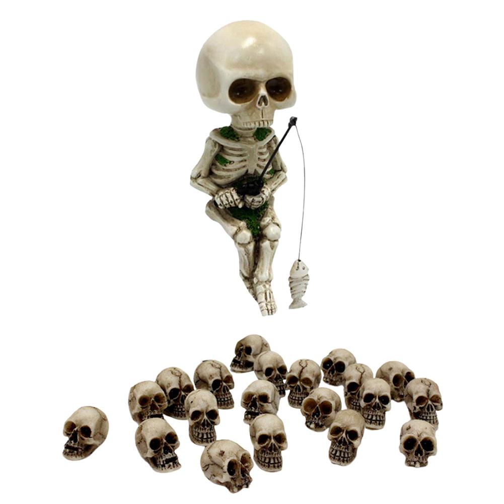 Resin Fishing Skeleton Statue Halloween Decor 20PCS Mini Skull Heads Small Skeleton Ornament for Outdoor Garden Yard Lawn Pond