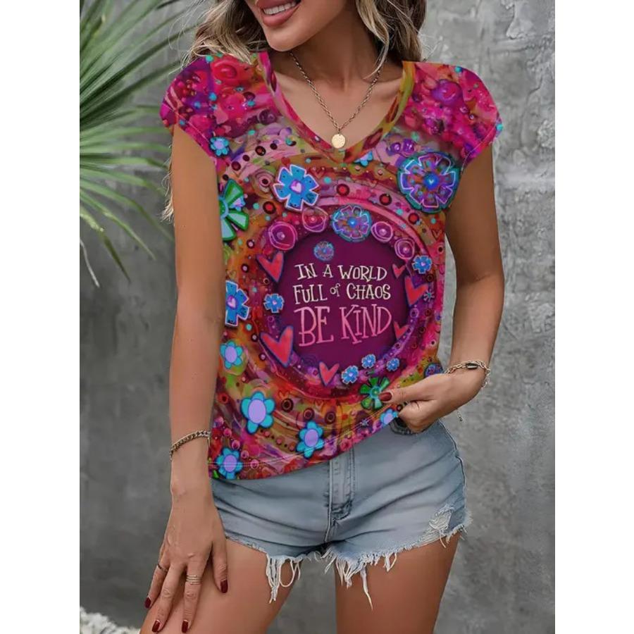 Camiseta vintage para mujer con estampado floral, manga corta, cuello en V, tops cómodos