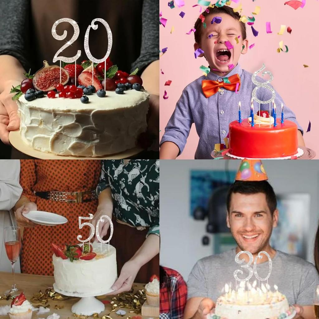 BEIDHIA Number Cake Topper 0-9,Silver Bling Rhinestone Happy Birthday Cake Topper for 10th 20th 30th 40th 50th 60th 70th 80th 90th Birthday Party