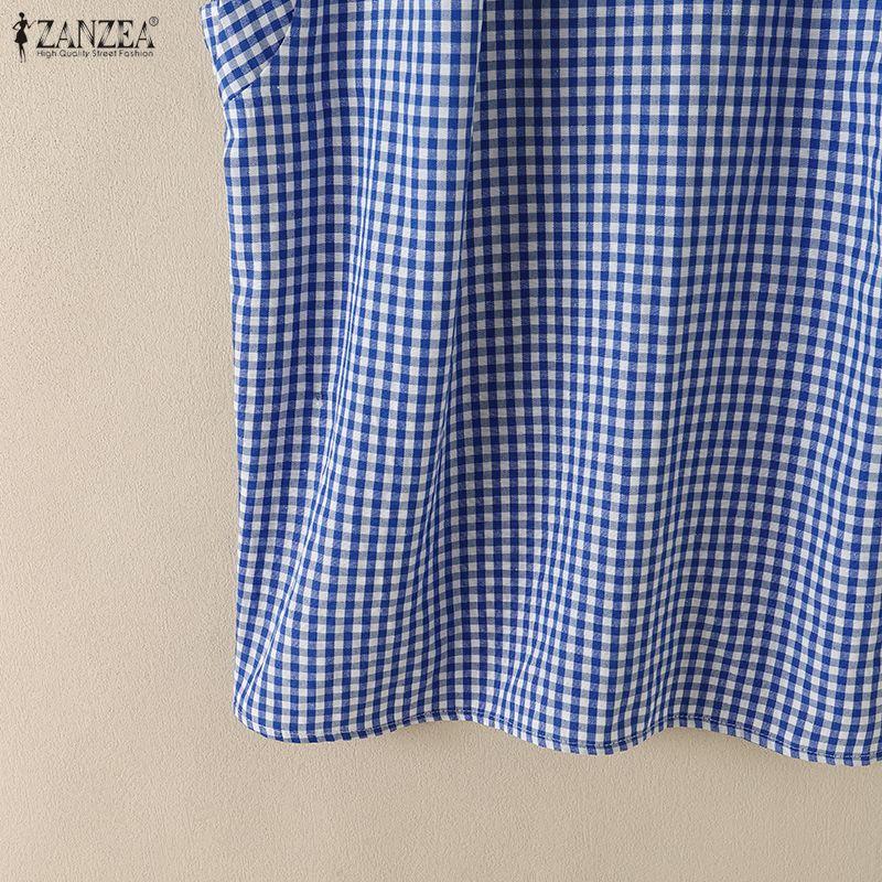 ZANZEA Women Casual Round Neck Sleeveless Plaid Print Blouse