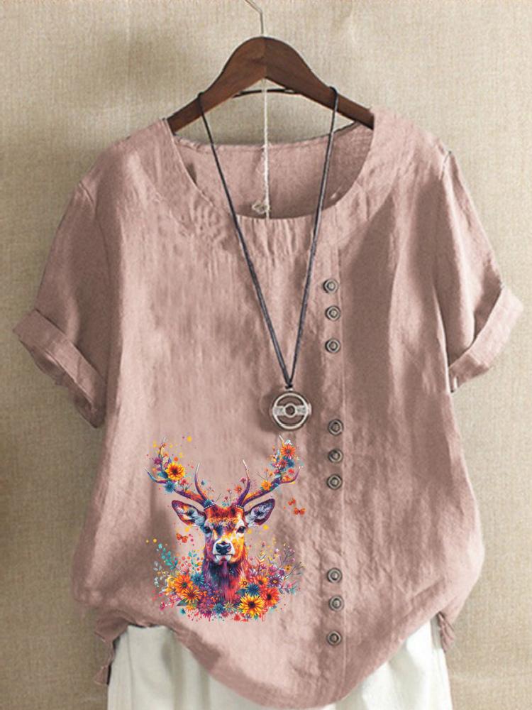 Women s Fashion Flower Deer Print Casual Cotton Linen Short Sleeve Round Neck T-shirt Shirt Leisure Loose Summer Blouse Tops S