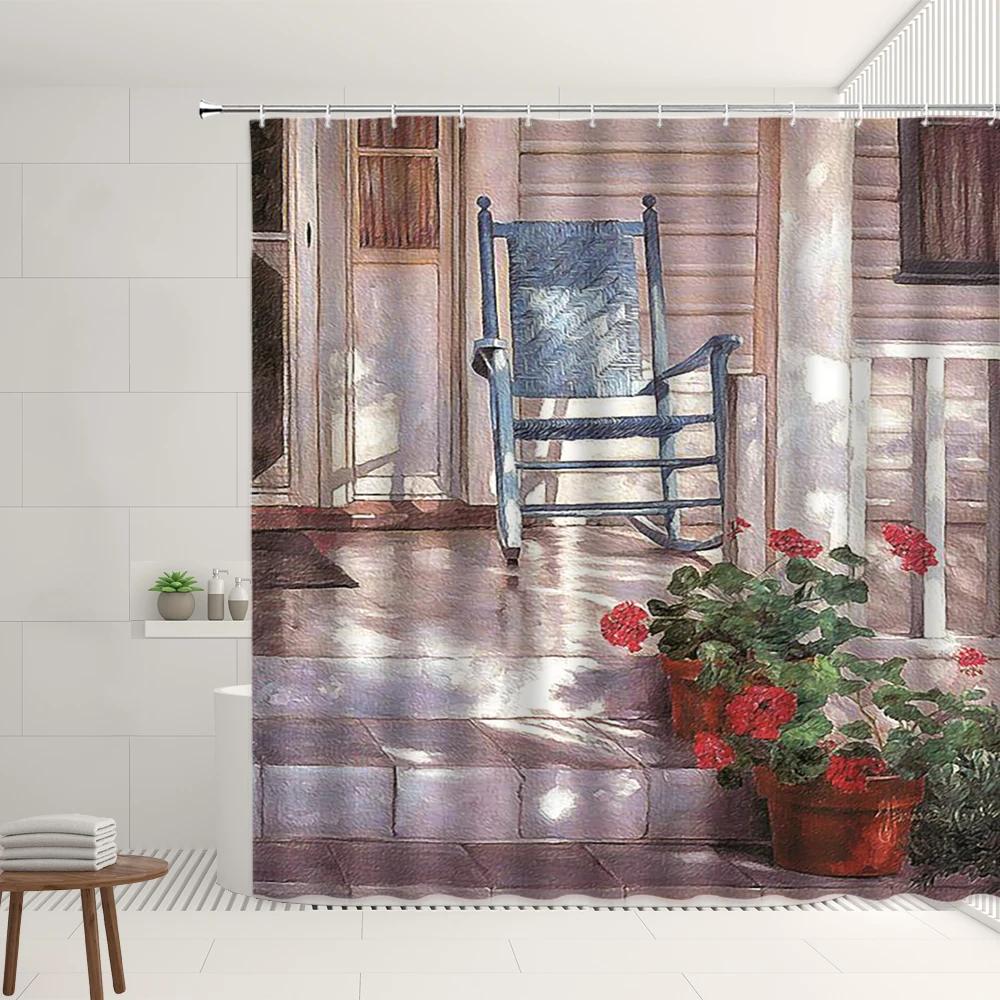 European Town Scenery Shower Curtain Set Street Flower Window Green Vine Retro Old Door And Window Pattern Bathroom Decor Screen