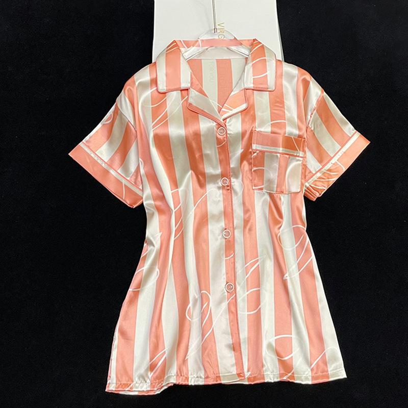 Pajamas Women'S Summer Thin Cool Short-Sleeved Style Cute Striped Imitation Silk Loungewear Set