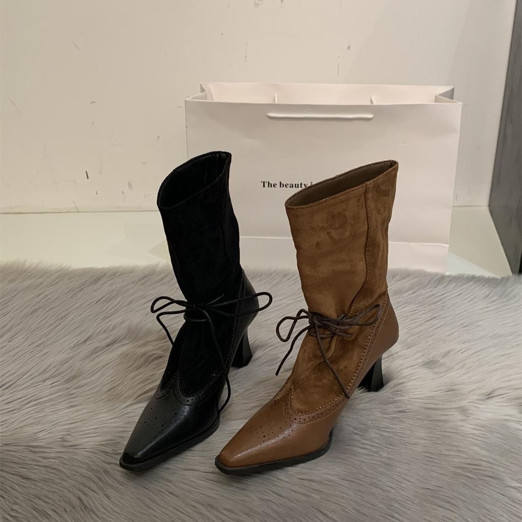 Autumn and winter new pointed thick heel knight boots women's retro lace-up high heel thin boots wide mouth stacking boots