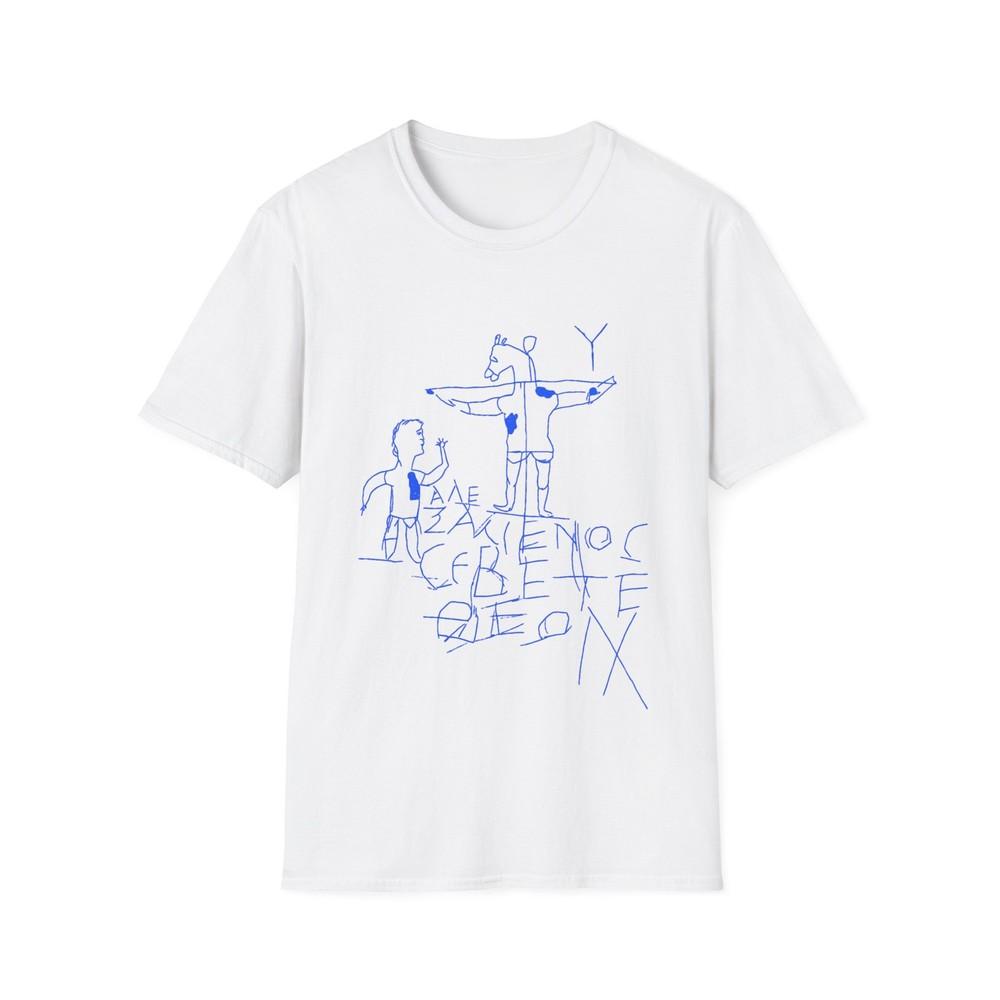 

alexamenos graffito blasphemous young man worships donkey blue graffiti tshirt M