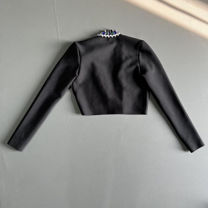 Black Rhinestone Long Sleeve Bandage Top and Short Jacket Evening Dress