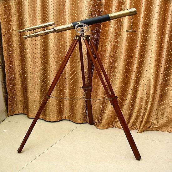 Nautical Marine Brass Finish Double Barrel Black Leather Coverd Wooden Brown Tripod Floor Standing Royal Handmade Telescope