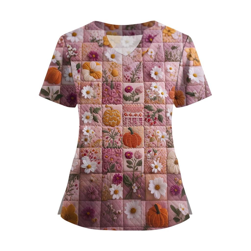 Women's Short Sleeved Solid Color V-neck Buttonable Side Slit Top T-shirt