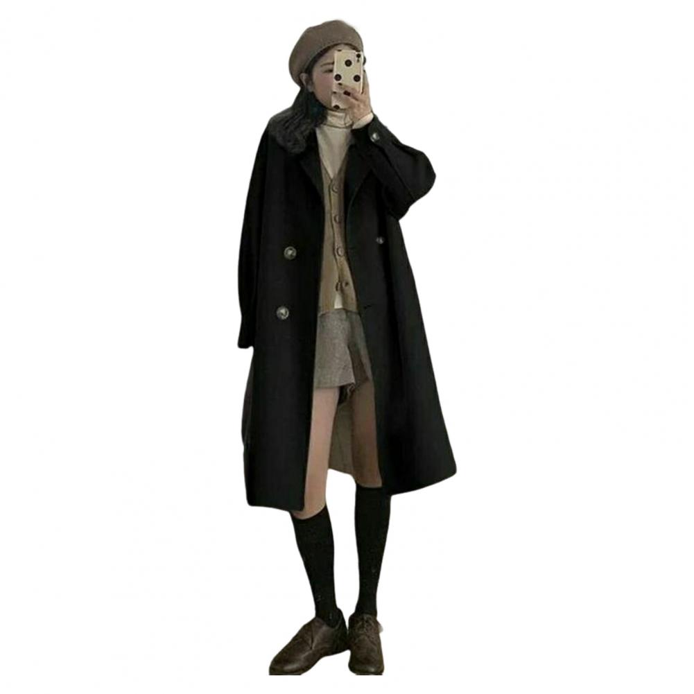 

Жіноче зимове пальто з відкладним коміром і кишенями, одноколірне двобортне потовщене пальто вільного крою, утеплене з довгими рукавами M чорний