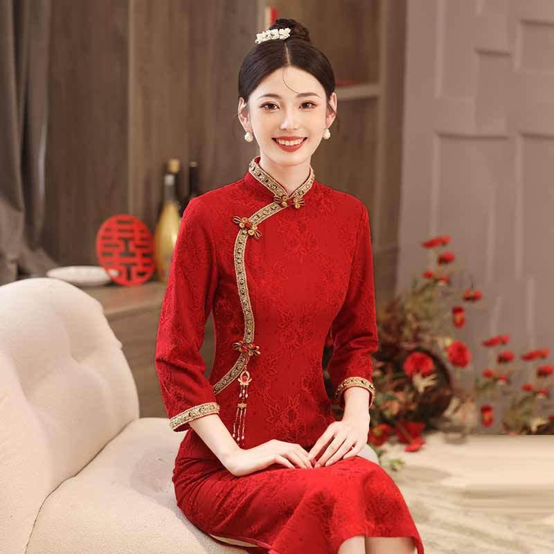 Elegant Red Modern Cheongsam Dress Women Long Sleeve High Neck Vintage Style Wedding Guest Outfit