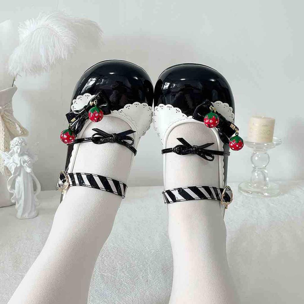Strawberry Story Original Bow Bell Lolita Shoes Women's Contrast Color Round Head Cute Cute Small Leather Shoes Single Shoes Spot
