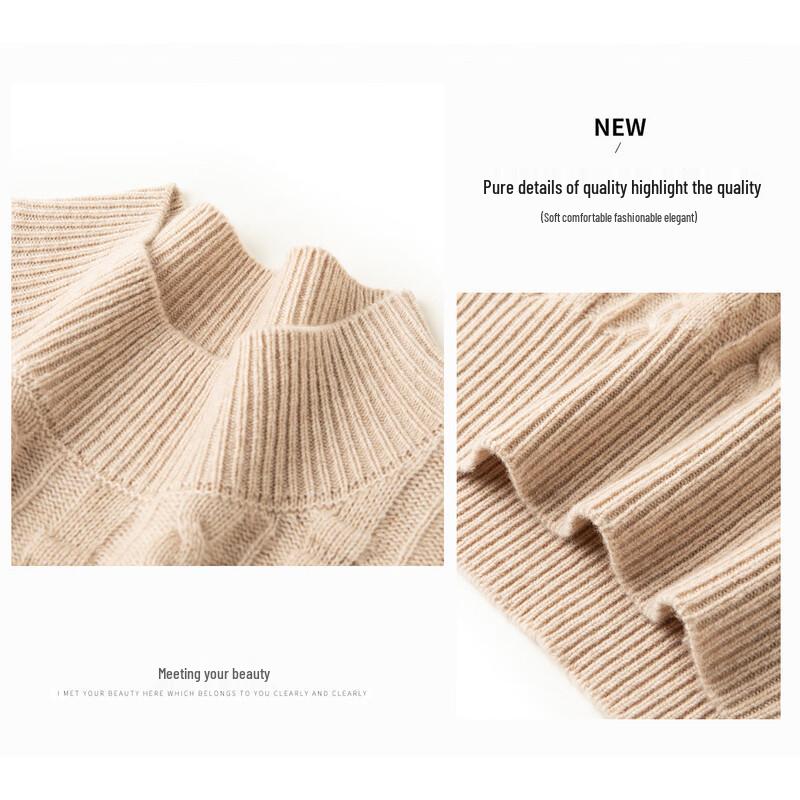 TUHUANG Women's 100% Merino Wool Cable Knit Semi-High Neck Pullover Sweater