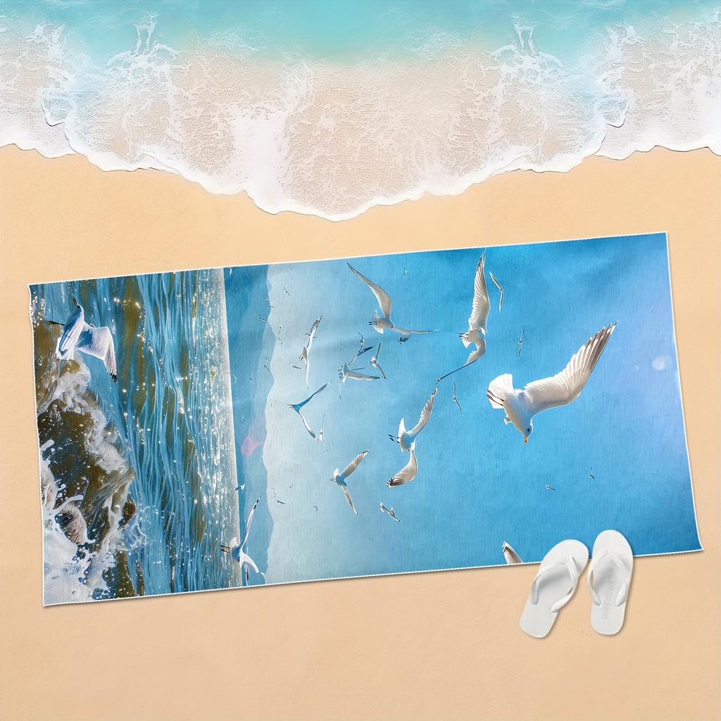 Seagull Ocean Print Beach Towel Coastal Seaside Wave Design Quick Dry Absorbent Microfiber Towel for Beach Camping Travel