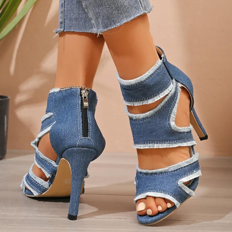 Fashion Women's Fashion Cowboy Stiletto Sandals Summer New Round Head Open Toe Bag with Back Zipper Anti-slip Wear-resistant High Heels