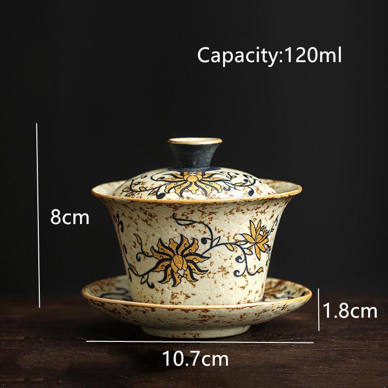Chinese Retro Handmade Ceramic Gaiwan Hand-painted Flowers Pattern Teacup Household Travel Tea Bowl Portable Teaware Accessories