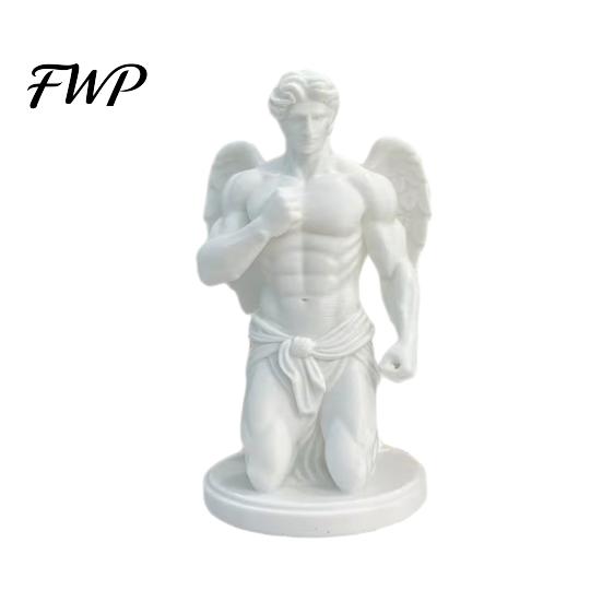 Mythological Angel Figurine 3D Printed Winged Statue, Kneeling Greek Myth Sculpture with Muscle, Posture Art Matte White Ornament for Home Office белый