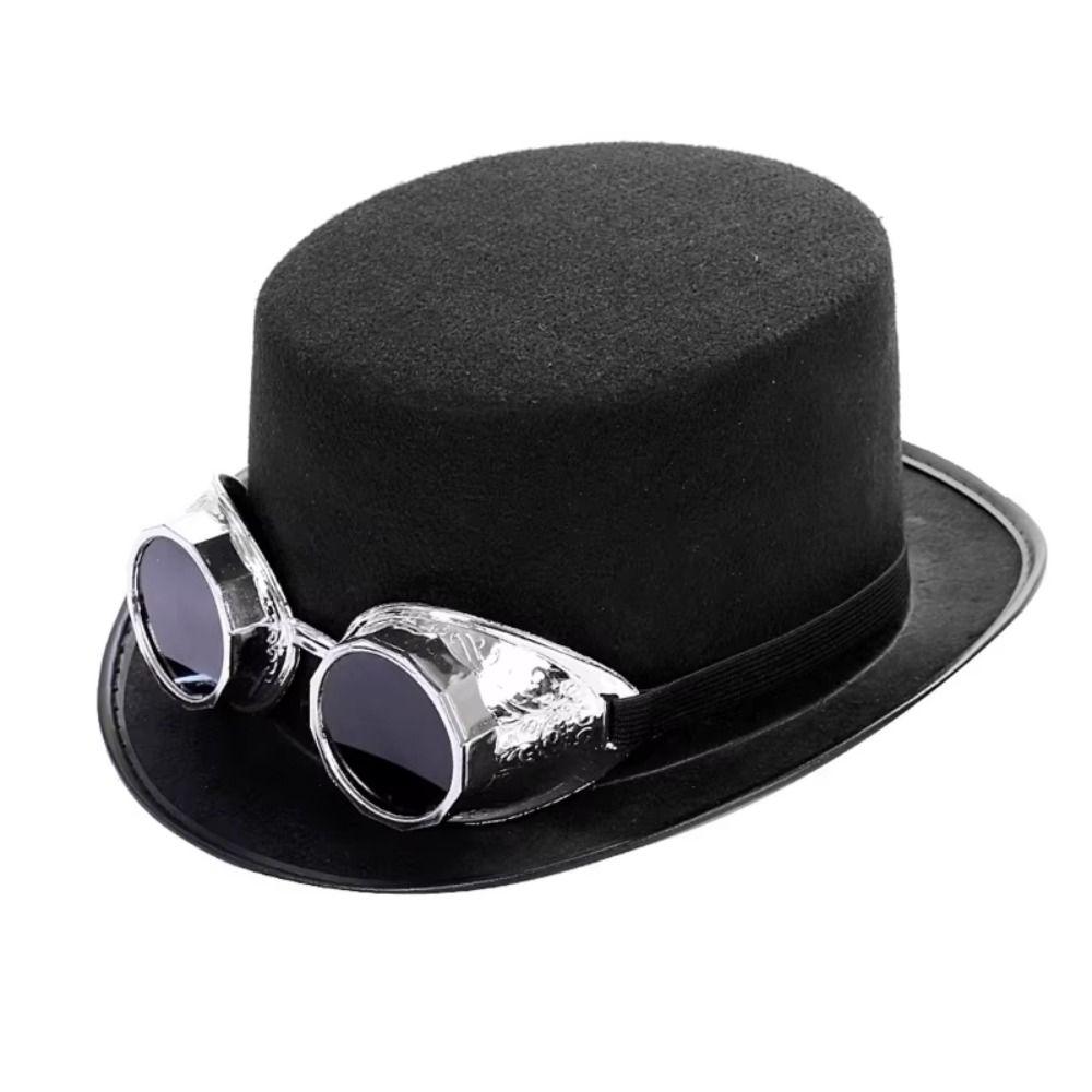 Vintage Black Steampunk Men Hat With Eyeglasses Magician Hat Retro Gothic Hat Stage Performance Non-woven Fabric