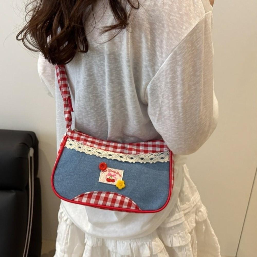 Plaid Denim Underarm Bag Rural Style Crossbody Bag Lovely Lattice Shoulder Bag  Women