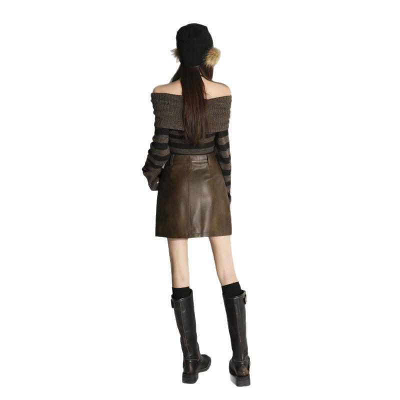 Spicy Maillard Coffee PU Leather Mini Skirt - Sexy, Versatile, Anti-Exposure, Hip-Hugging A-Line for Autumn/Winter