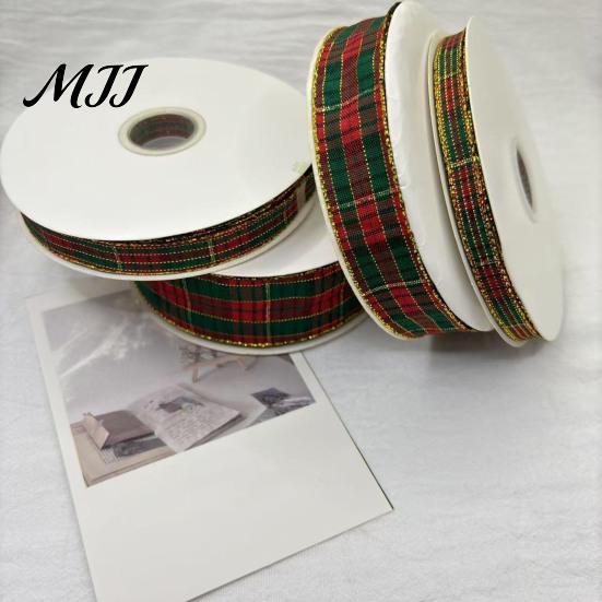 Wired Edge Ribbon for Holiday Decor Christmas Tartan Plaid with Gold Trim, Woven Fabric Ribbon, Vintage Red Crafts Green Gift Wrapping, Floral Decor,