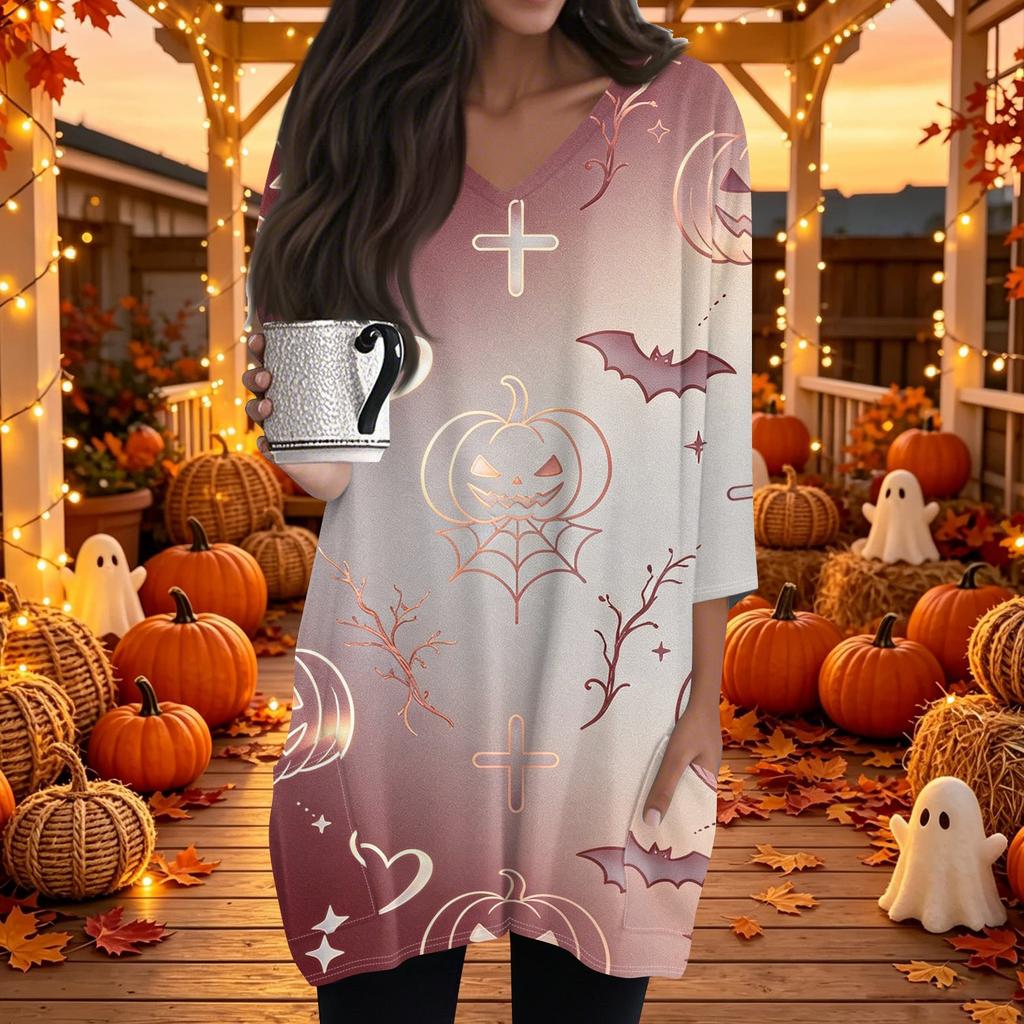 Women's Halloween Print V-Neck Casual Top with Pockets Three-Quarter Sleeves, Mid Length