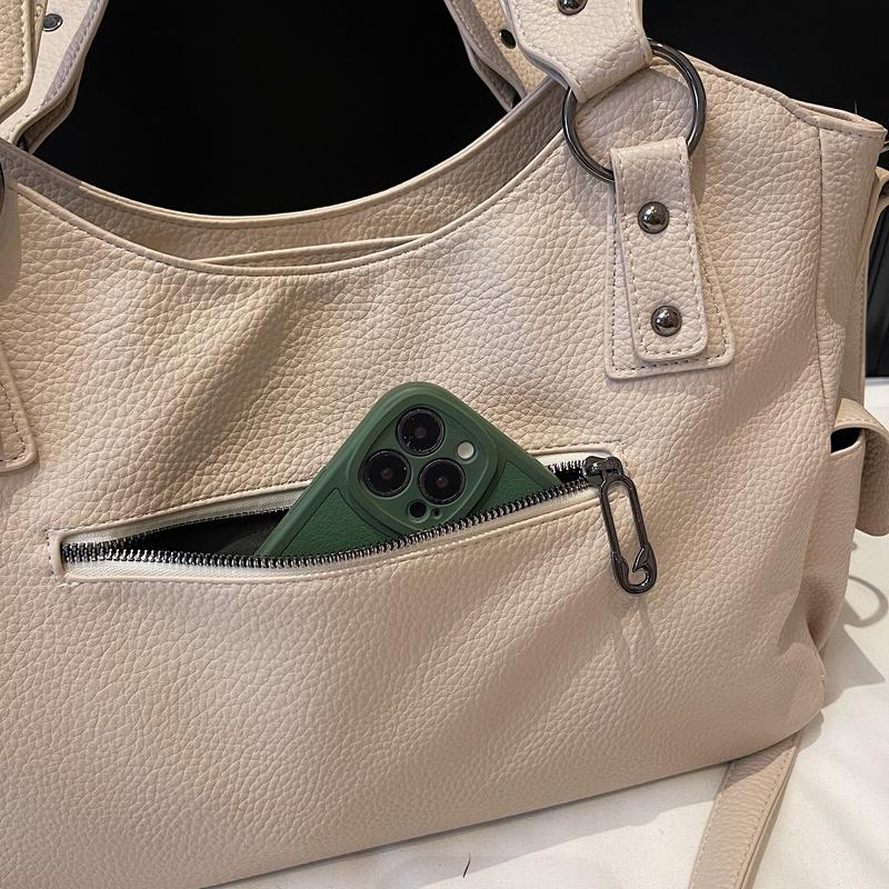 PU Shoulder Bag Women's Fashion Tote with Star Stud Detail and Dual Side Zip Pockets
