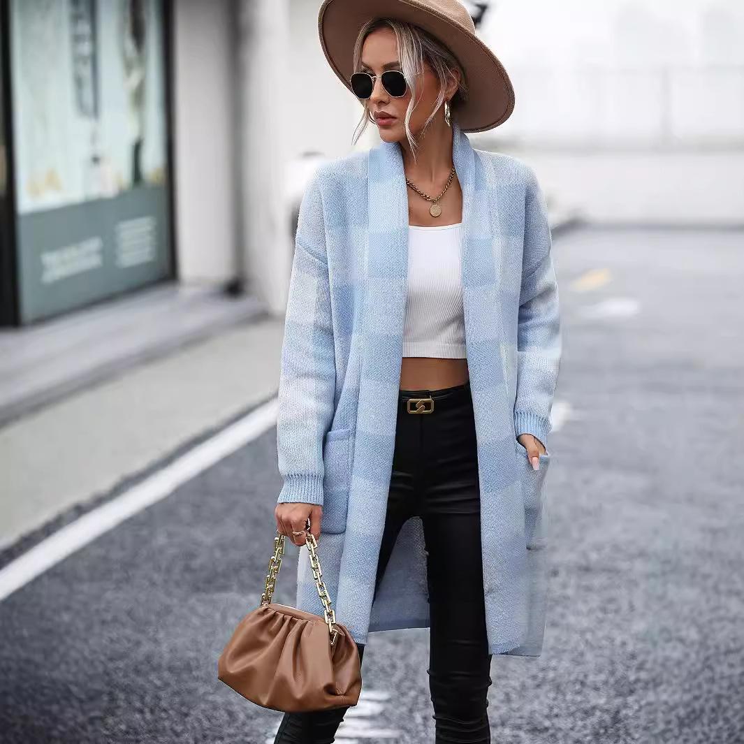 

Осенне-зимнее женское пальто больших размеров, свободный клетчатый вязаный кардиган с цветными блоками, модный свитер XL синий