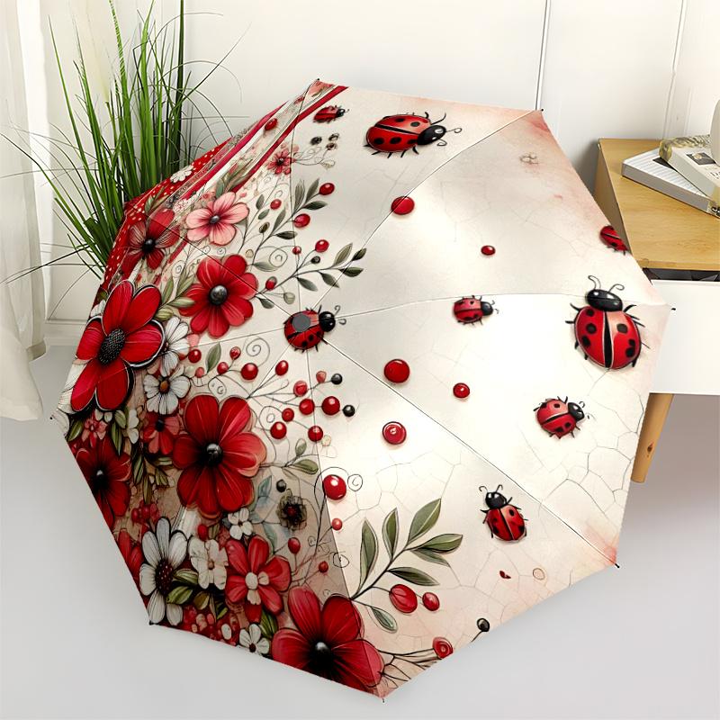 1pz Ombrello Automatico Apri/Chiudi con Coccinelle e Fiori, Struttura Robusta a 8 Stecche, Pieghevole/Apertura Automatica, Ombrello da Viaggio Portatile per Donne c25