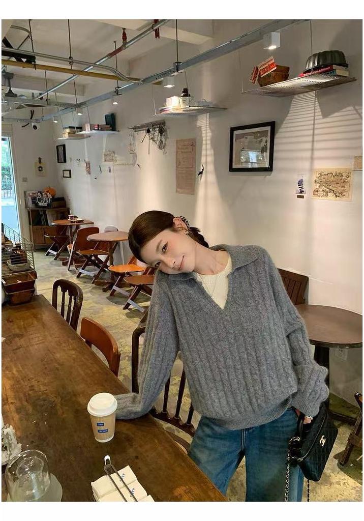 Women's Two-Piece Look Polo Collar Wool Sweater - Thick and Loose Knitwear for Autumn/Winter
