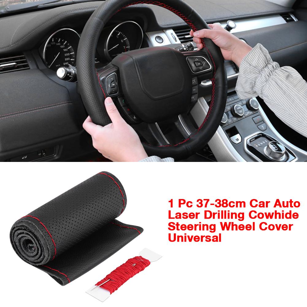 1 Pc 3738cm Car Auto Laser Drilling Cowhide Steering Wheel Cover Universal (Black Red)