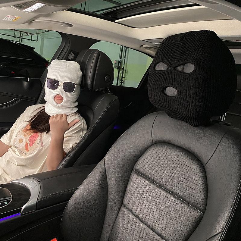 2pcs 3 Hole Car Seat Headrest Full Face Cover Ski Mask Hat Anti-dust Protection Seat Funny Car Headrest Cover Car Accessories