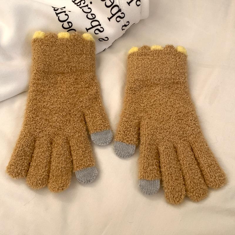 Small Jelly Bean Coral Velvet Knitted Woolen Gloves for Women Cold Proof  Thickened  Warm  Touch Screen Autumn and Winter