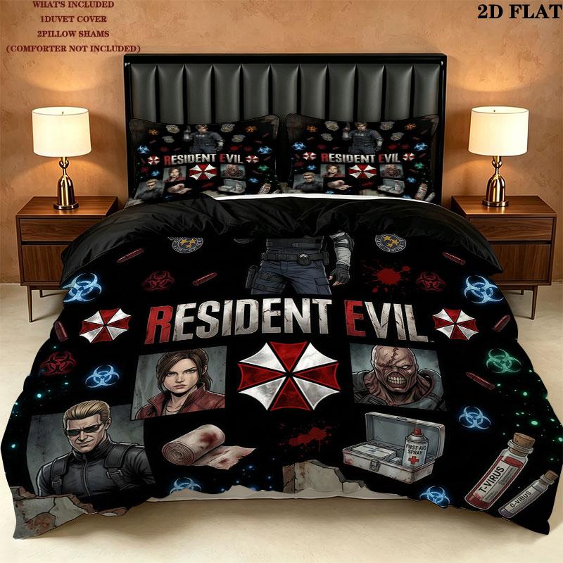 Resident Evil Pattern Bedding Quilt Set Quilt Cover Pillowcase Home Birthday Gift(1 * duvet cover + 2 * pillowcase, without core)