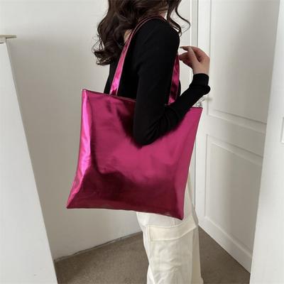 Glossy Tote Bag Women Shiny Solid Color Shoulder Bag High Capacity Faux