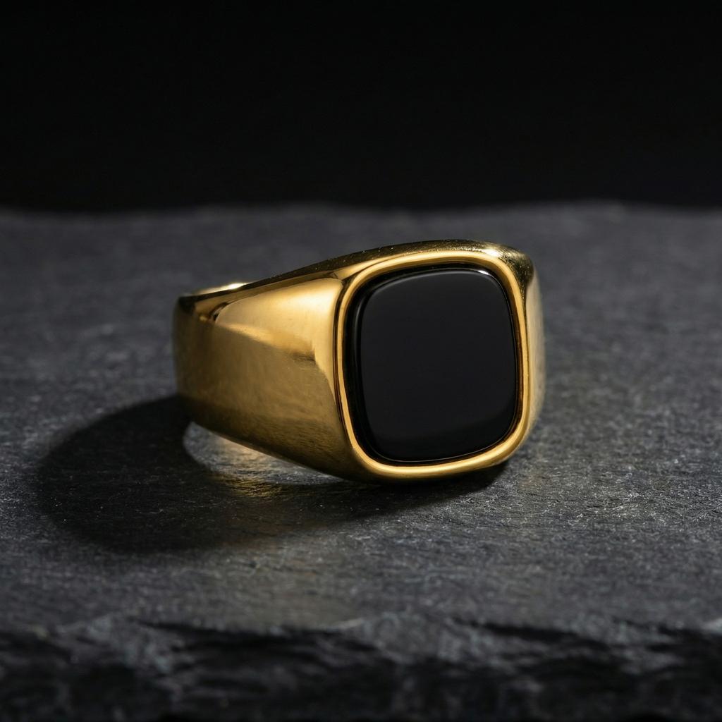 Stylish Black Stone Rings for Men Boys,Waterproof Stainless Steel Geometric Square Ring Signet Ring,Jewelry Gifts for Him