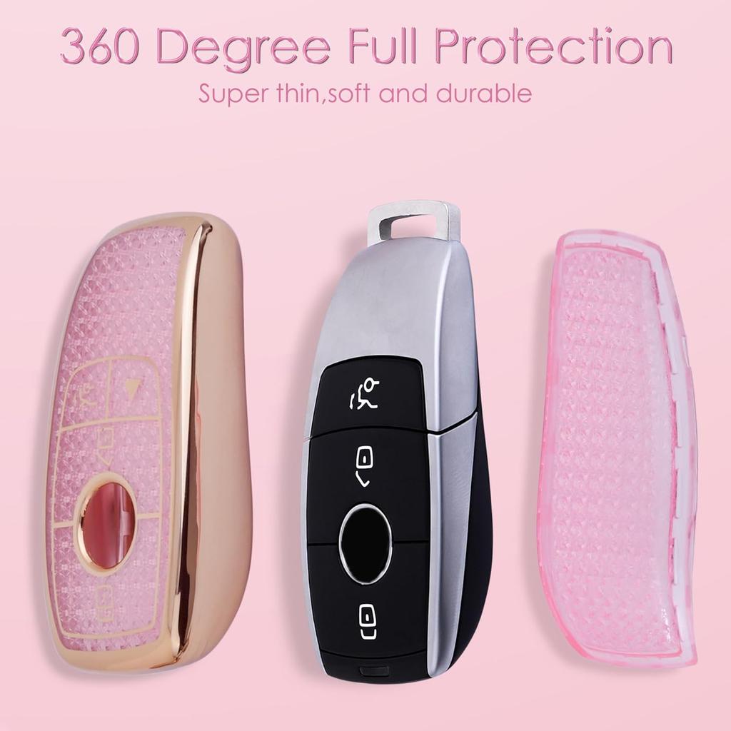 For Mercedes Benz Key Fob Cover with Diamond Bling Keychain, Car Accessories Key Shell Full Protection for - A-Class C-Class G-Class 2017- E-Class