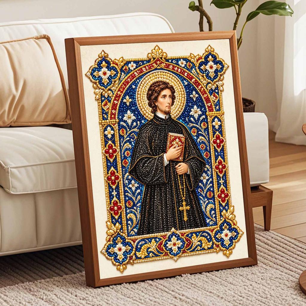 5D Framed Pearl Painting Kit Saint Religious Christian Icon Pattern Sparkling Bead Art Canvas Ready to Display Romantic Home Decor Gift