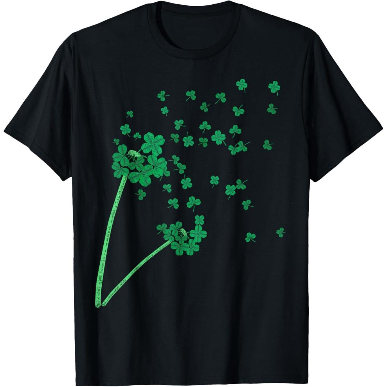Shamrock Dandelion Blowing Wish St Patricks Day Graphic Tee Men Casual Cotton T-Shirt Daily Wear 4XL
